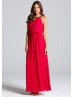 Fuchsia Chiffon Halter Neckline Long Prom Dress